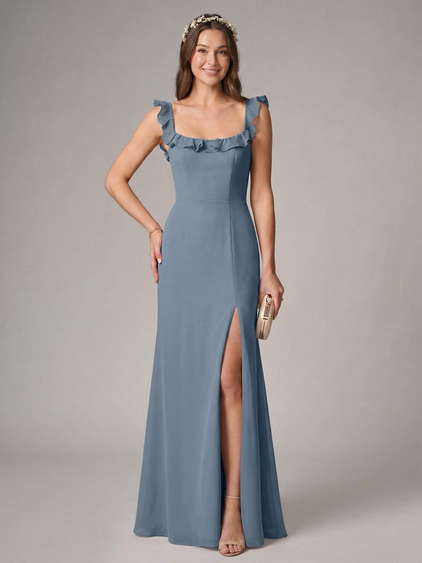 Elegant Dusty Blue Chiffon Trumpet Square Neck Backless Ankle-Length Bridesmaid Dress
