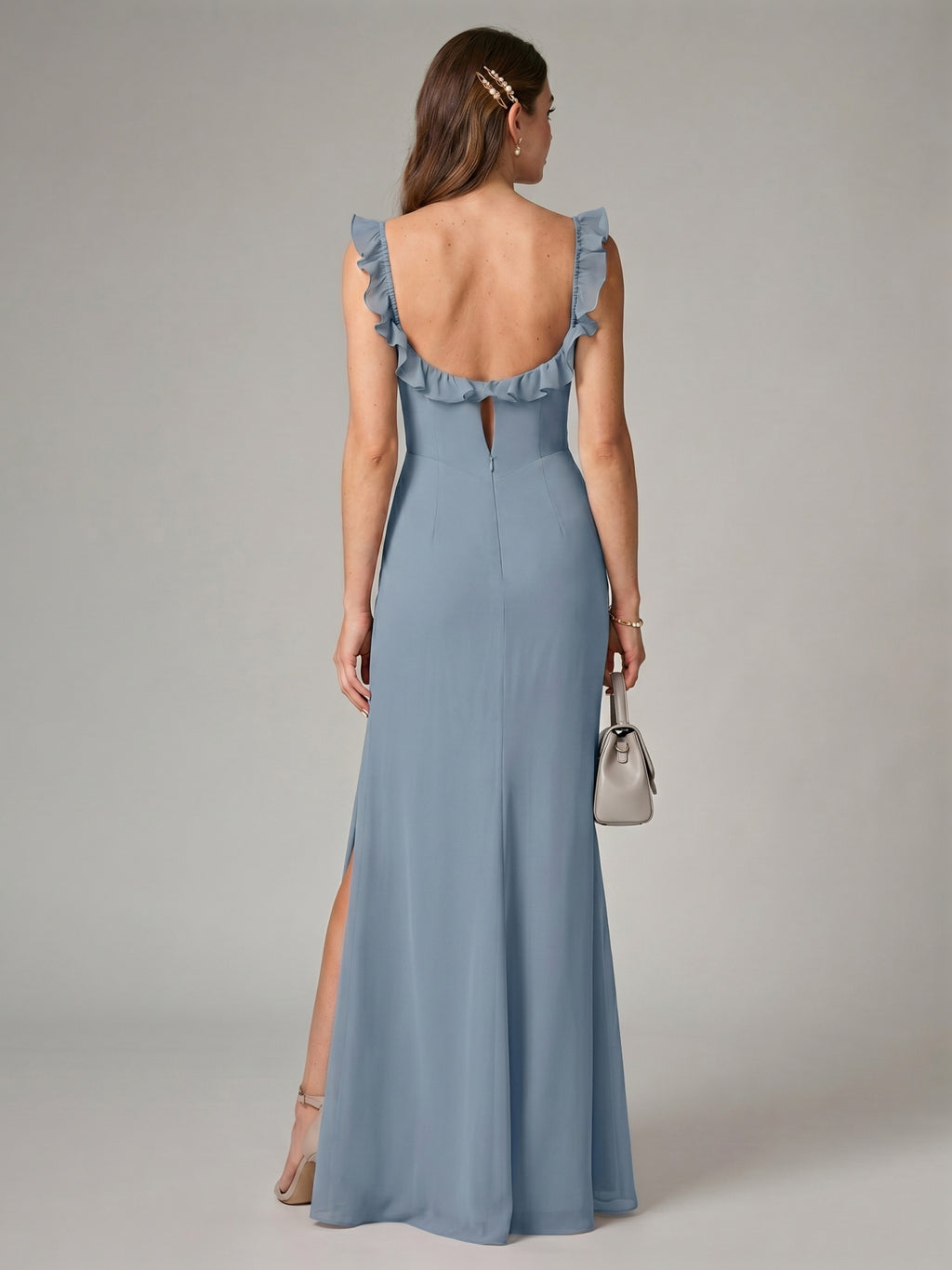 Elegant Dusty Blue Chiffon Trumpet Square Neck Backless Ankle-Length Bridesmaid Dress