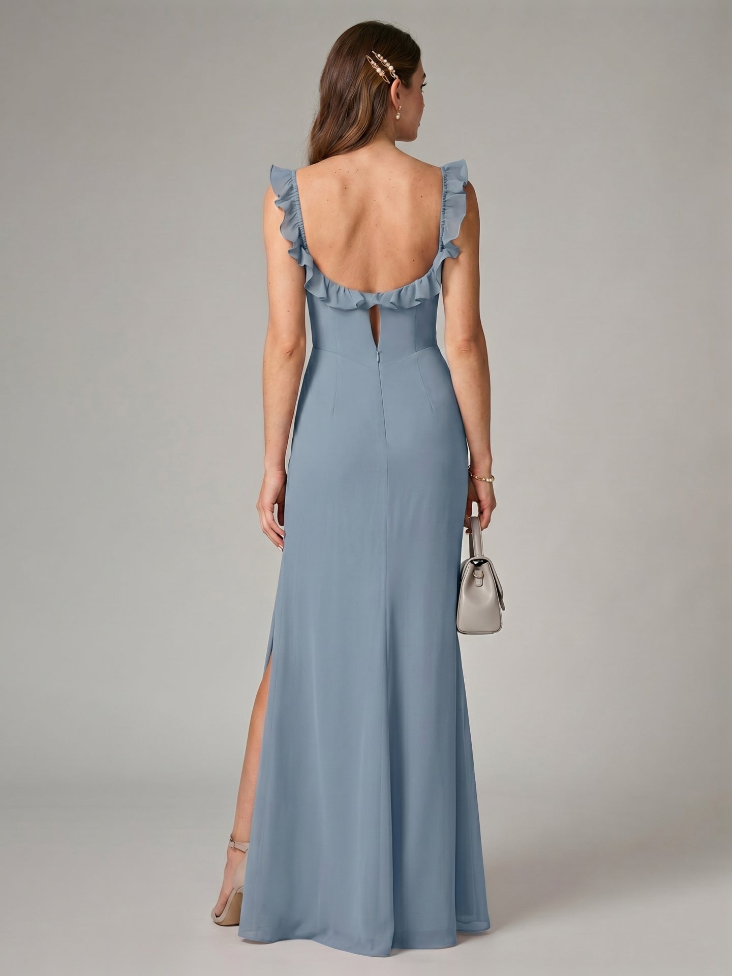 Elegant Dusty Blue Chiffon Trumpet Square Neck Backless Ankle-Length Bridesmaid Dress