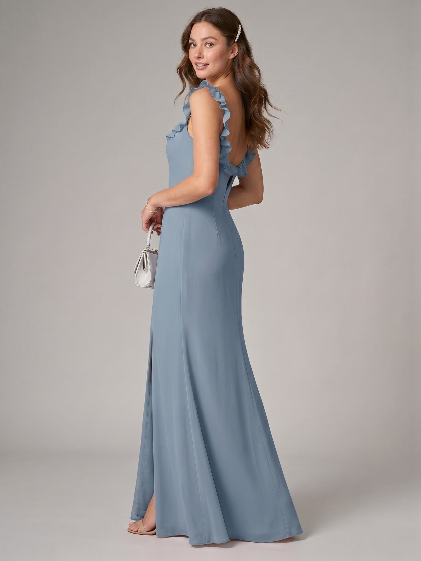 Elegant Dusty Blue Chiffon Trumpet Square Neck Backless Ankle-Length Bridesmaid Dress