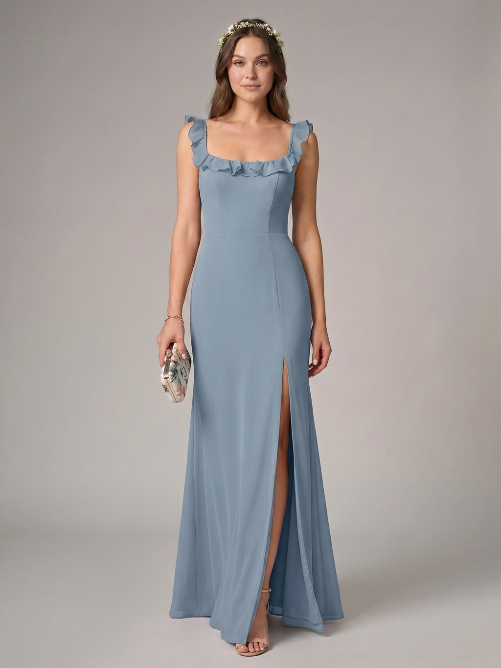 Elegant Dusty Blue Chiffon Trumpet Square Neck Backless Ankle-Length Bridesmaid Dress