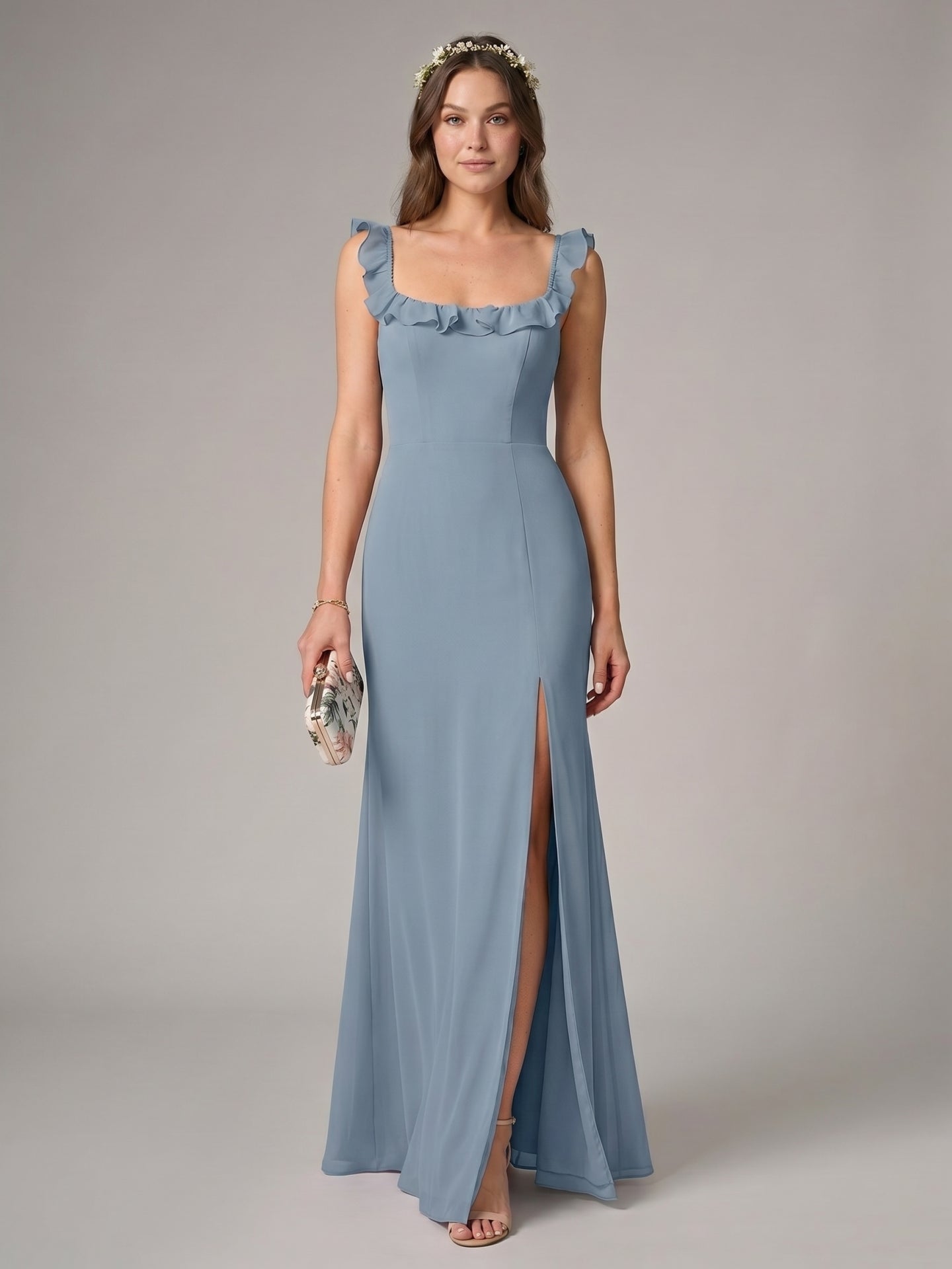 Elegant Dusty Blue Chiffon Trumpet Square Neck Backless Ankle-Length Bridesmaid Dress