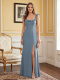 Elegant Dusty Blue Chiffon Trumpet Square Neck Backless Ankle-Length Bridesmaid Dress