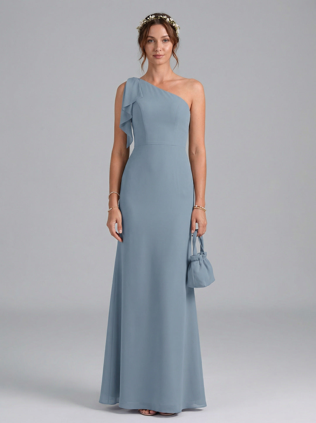 Elegant Dusty Blue Chiffon column One Shoulder Back Zip Ankle-Length Bridesmaid Dress
