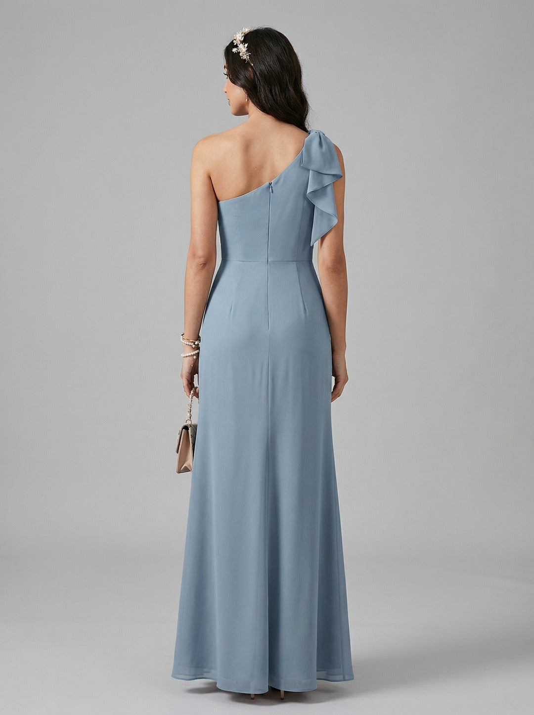 Elegant Dusty Blue Chiffon column One Shoulder Back Zip Ankle-Length Bridesmaid Dress