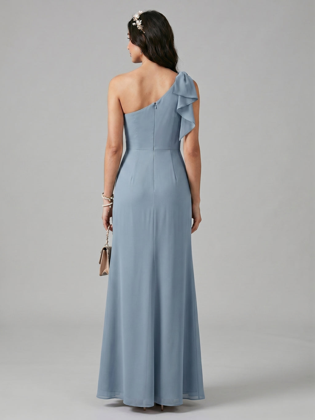 Elegant Dusty Blue Chiffon column One Shoulder Back Zip Ankle-Length Bridesmaid Dress
