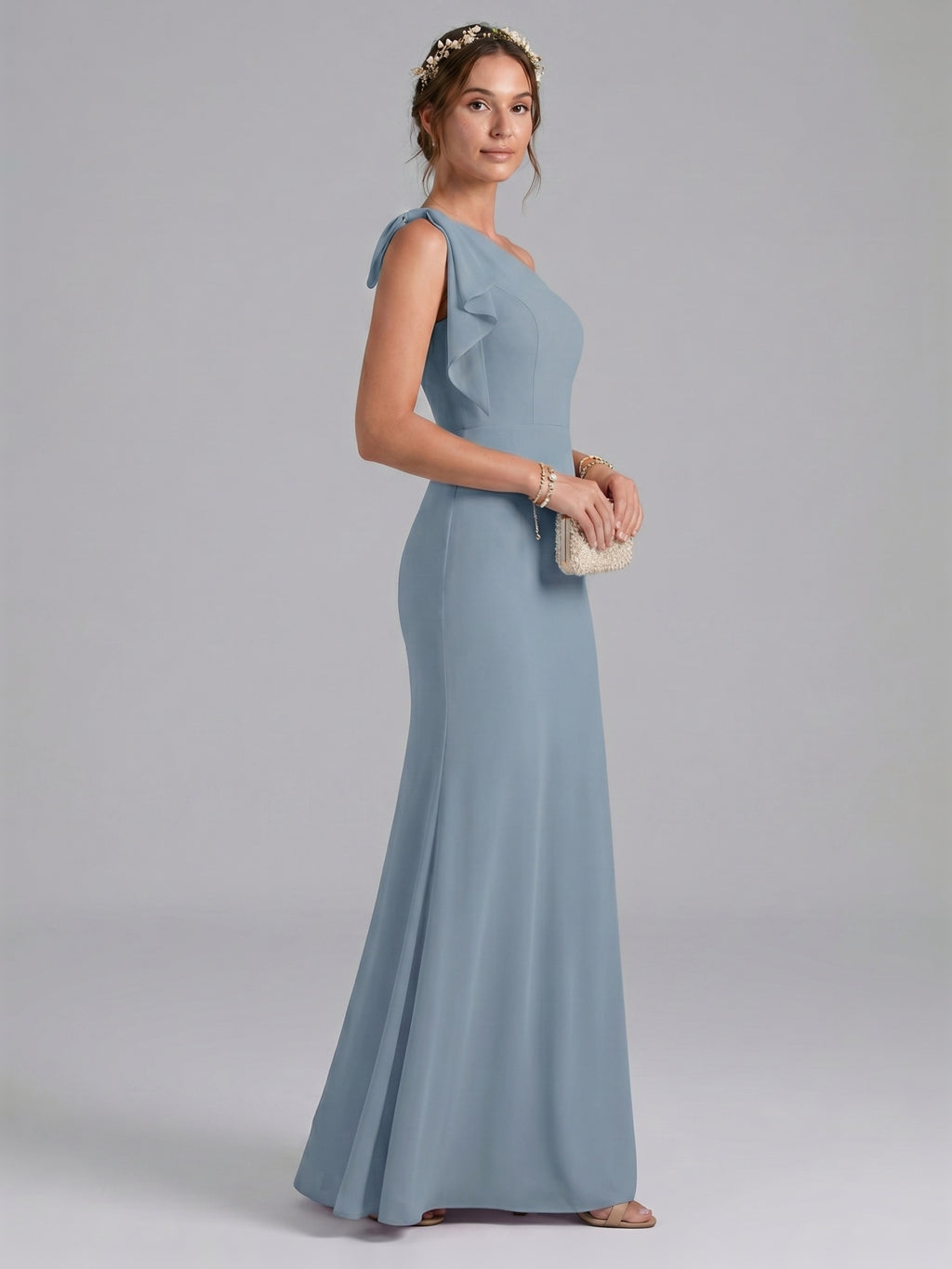 Elegant Dusty Blue Chiffon column One Shoulder Back Zip Ankle-Length Bridesmaid Dress