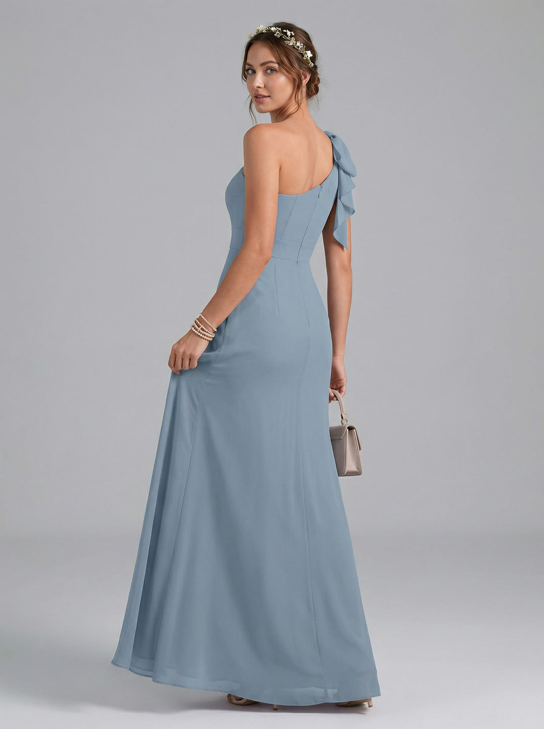 Elegant Dusty Blue Chiffon column One Shoulder Back Zip Ankle-Length Bridesmaid Dress