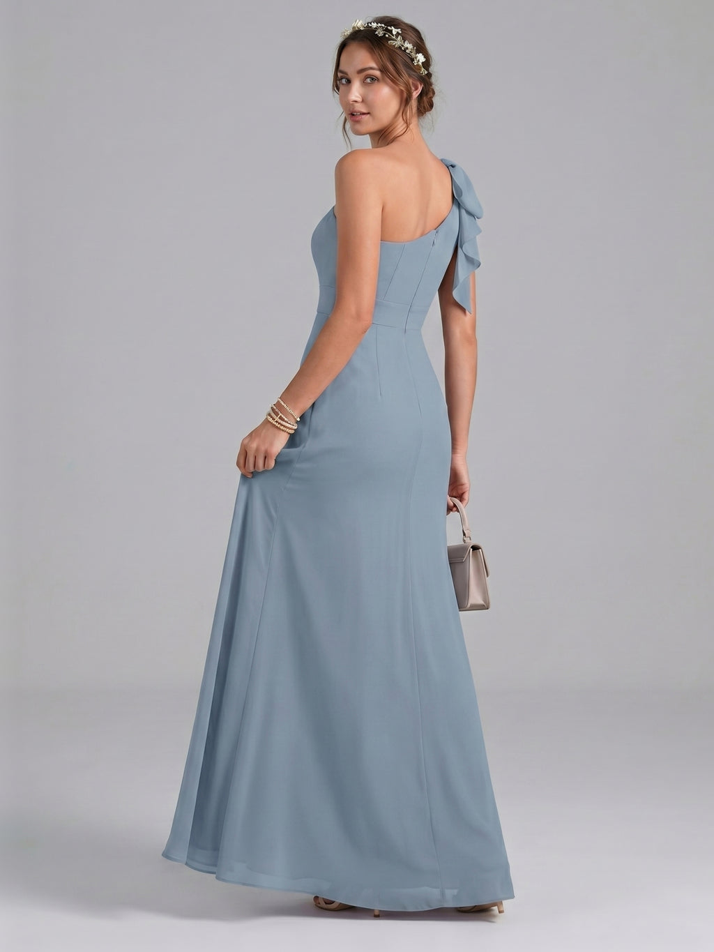 Elegant Dusty Blue Chiffon column One Shoulder Back Zip Ankle-Length Bridesmaid Dress