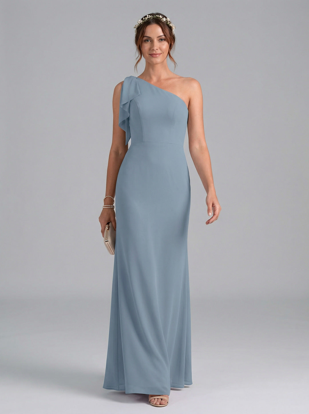 Elegant Dusty Blue Chiffon column One Shoulder Back Zip Ankle-Length Bridesmaid Dress