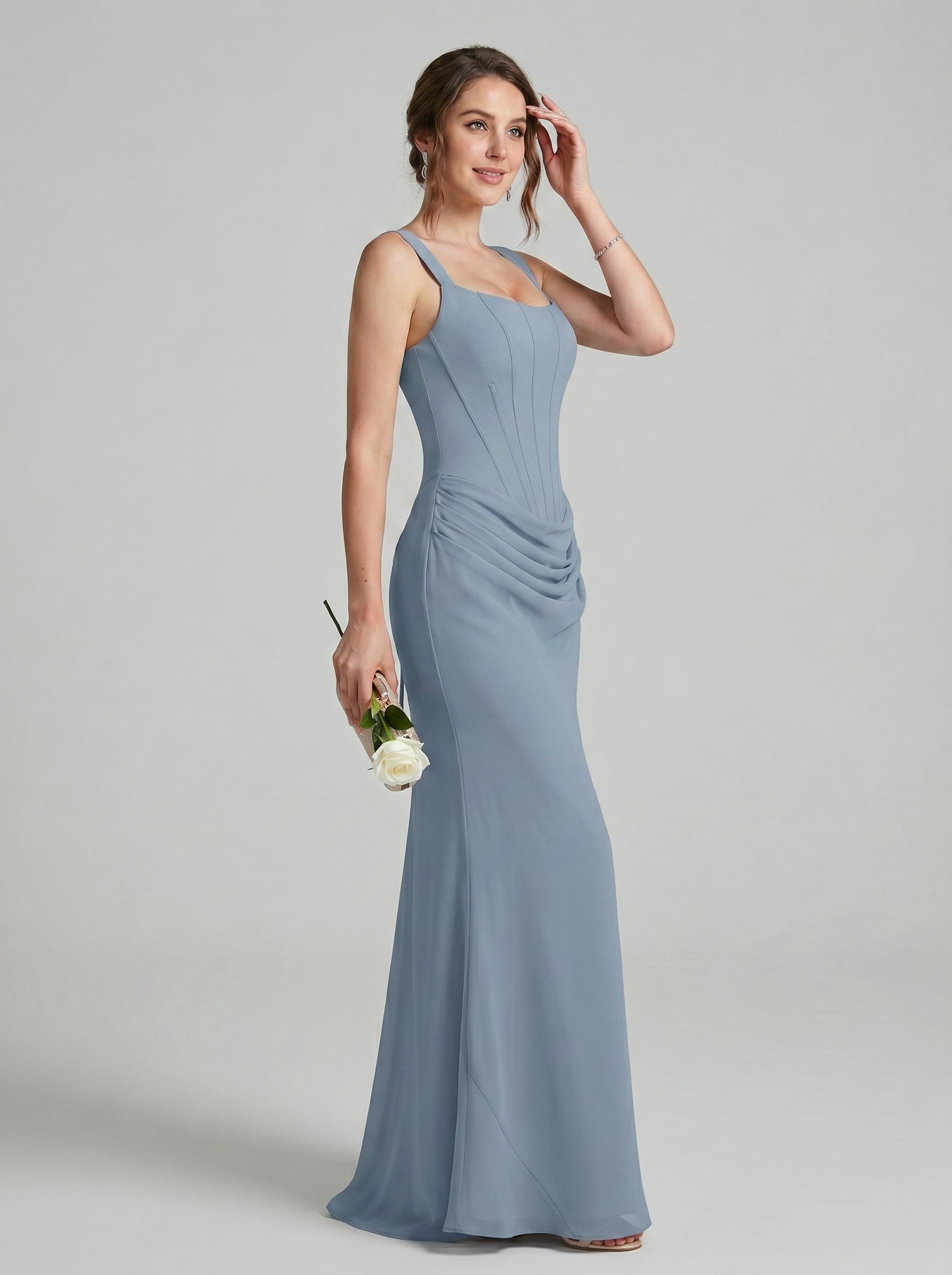 Elegant Dusty Blue Chiffon column Square Neck Criss-Cross Straps Ankle-Length Bridesmaid Dress