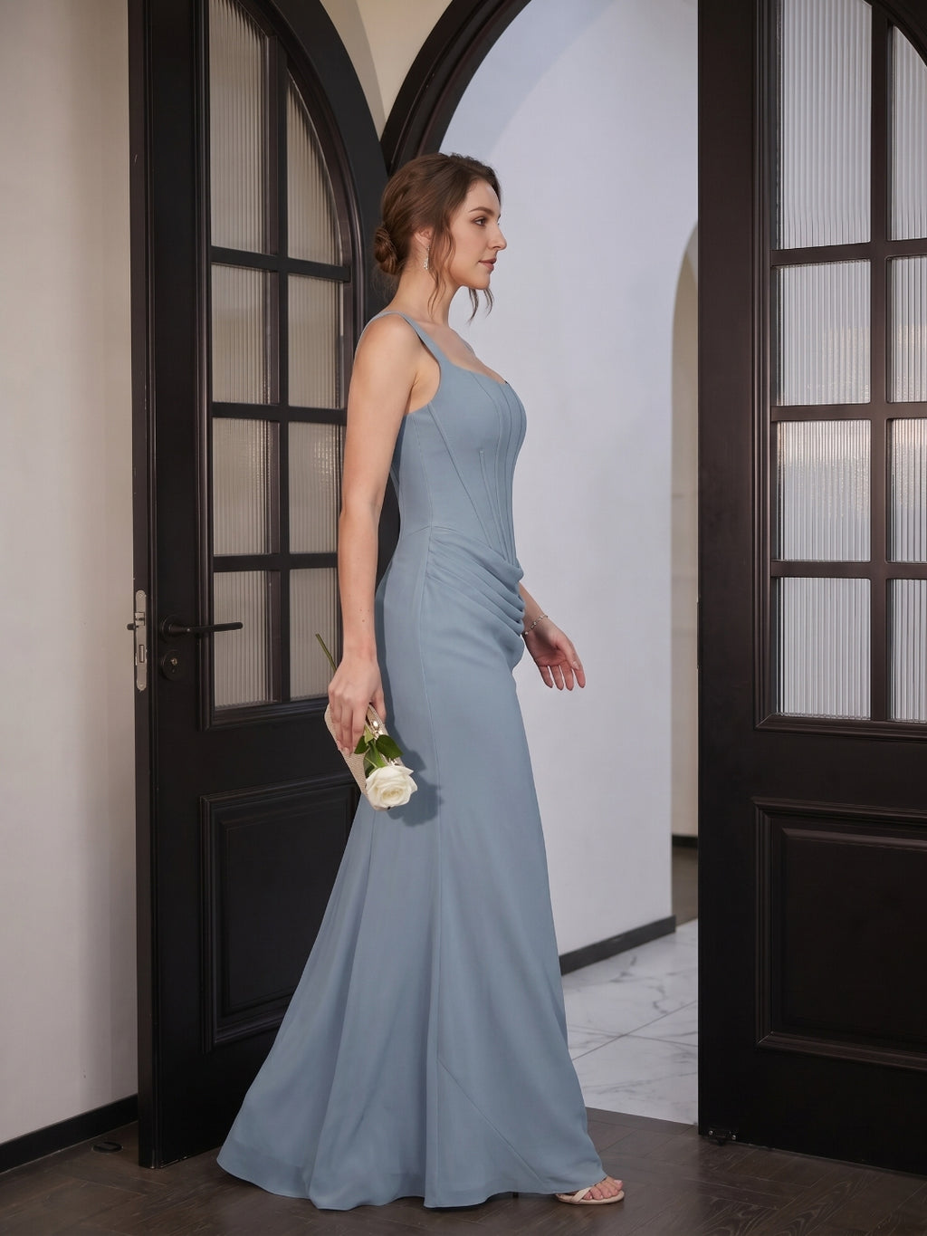 Elegant Dusty Blue Chiffon column Square Neck Criss-Cross Straps Ankle-Length Bridesmaid Dress