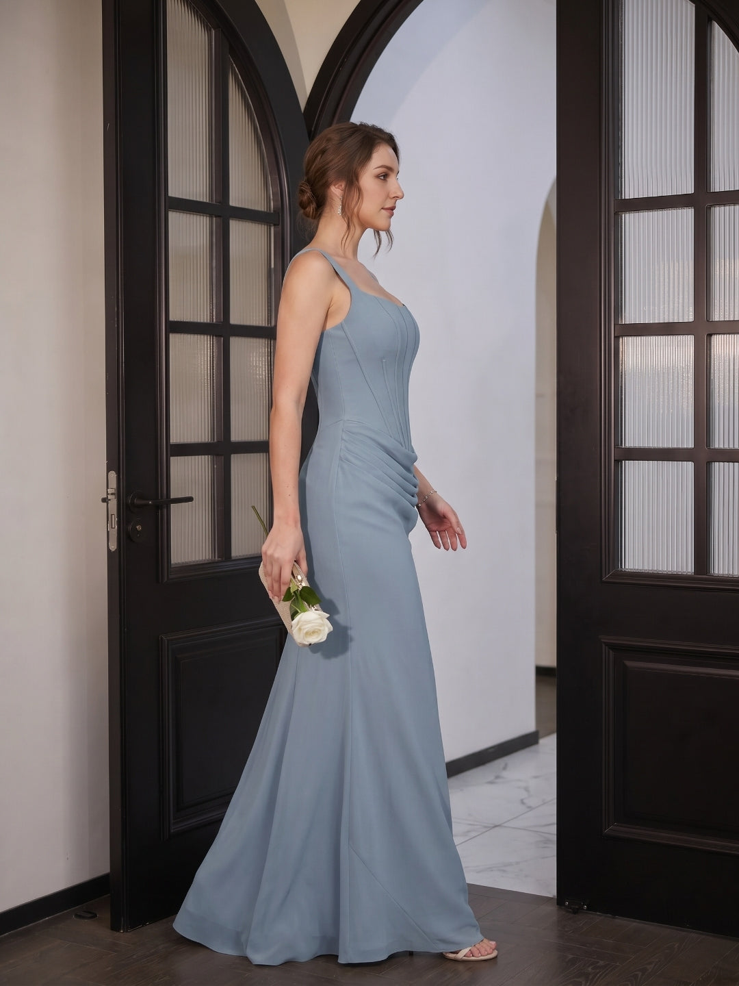 Elegant Dusty Blue Chiffon column Square Neck Criss-Cross Straps Ankle-Length Bridesmaid Dress