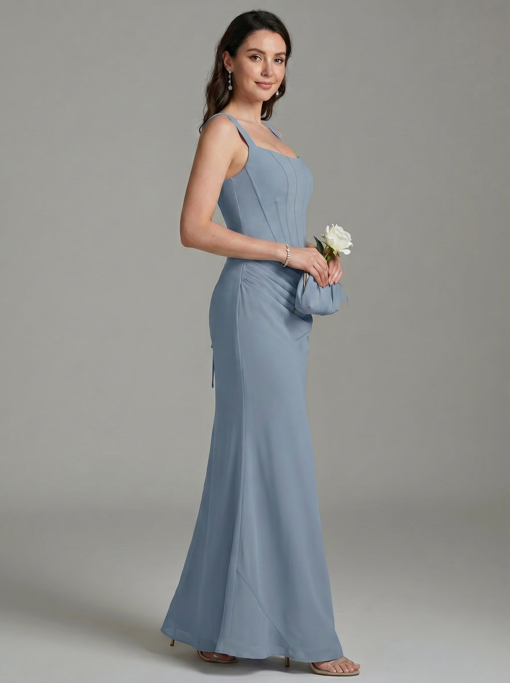 Elegant Dusty Blue Chiffon column Square Neck Criss-Cross Straps Ankle-Length Bridesmaid Dress