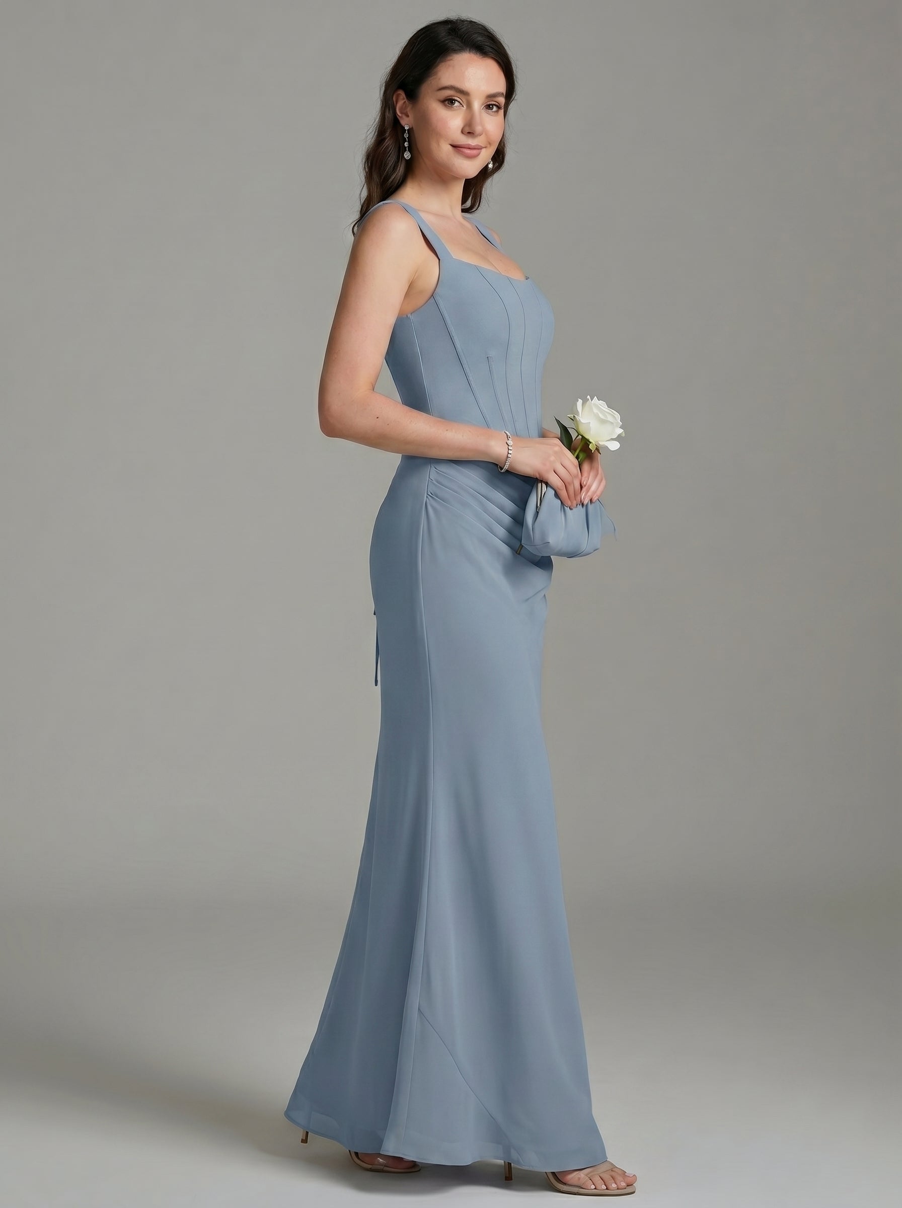 Elegant Dusty Blue Chiffon column Square Neck Criss-Cross Straps Ankle-Length Bridesmaid Dress
