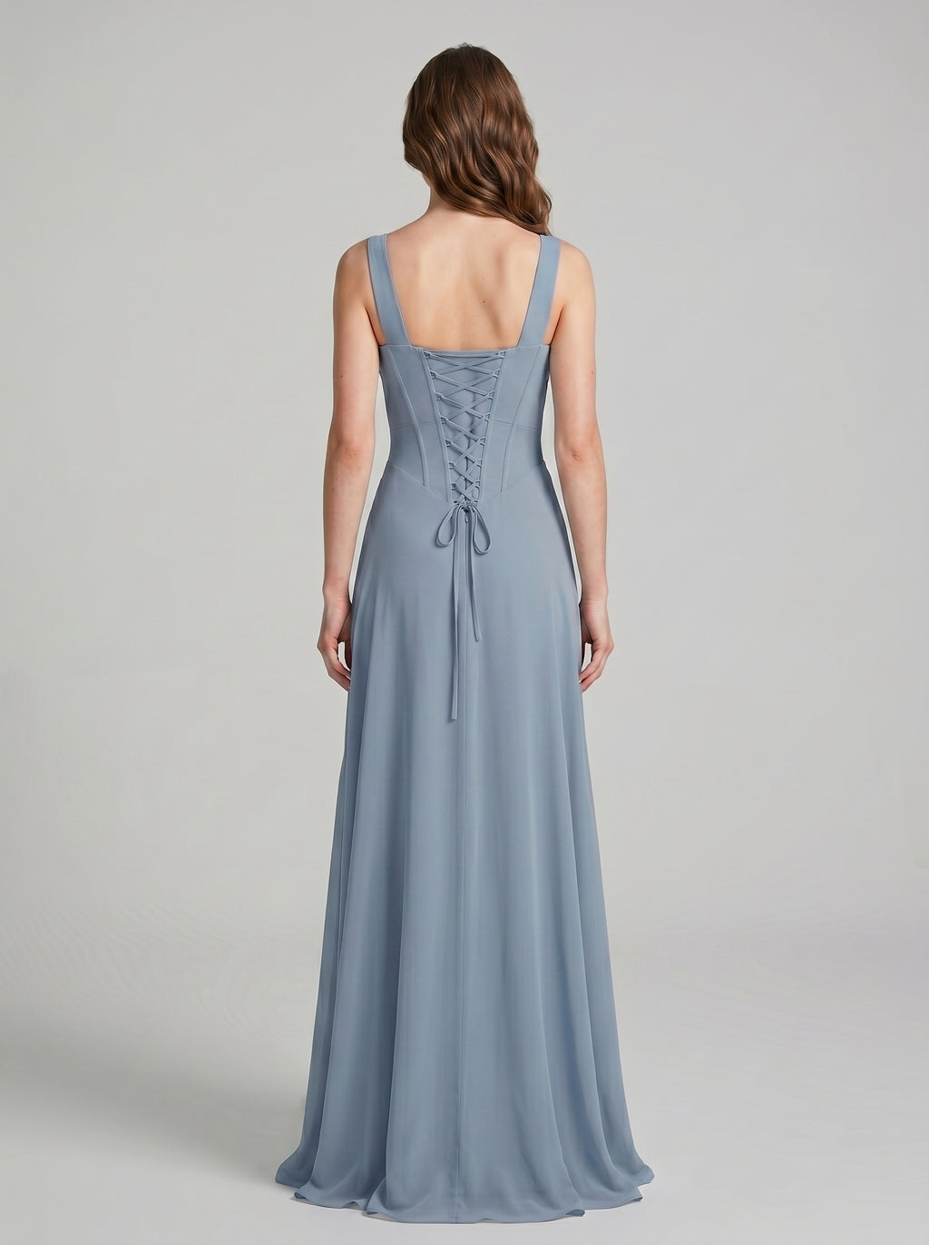 Elegant Dusty Blue Chiffon column Square Neck Criss-Cross Straps Ankle-Length Bridesmaid Dress