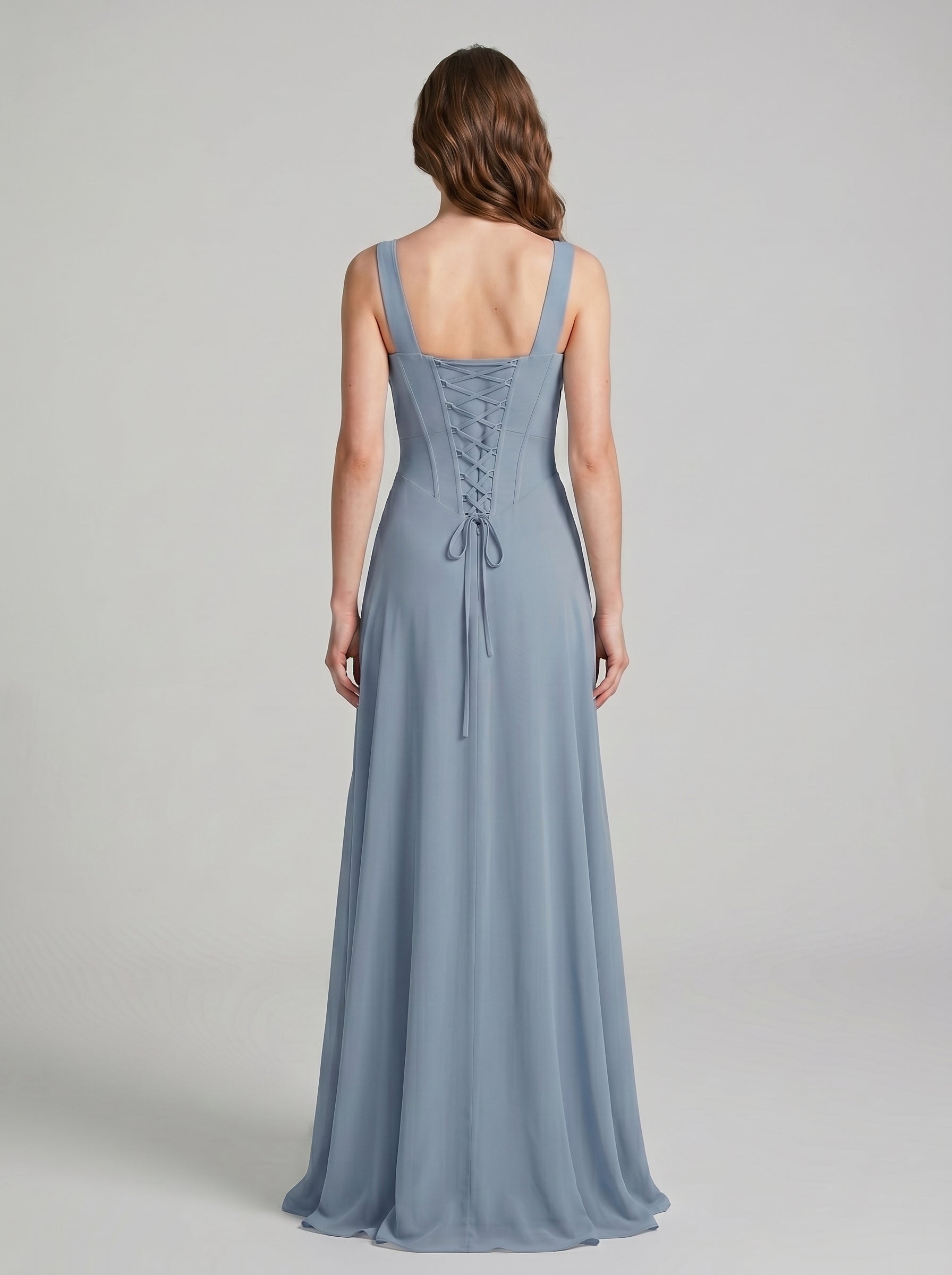 Elegant Dusty Blue Chiffon column Square Neck Criss-Cross Straps Ankle-Length Bridesmaid Dress