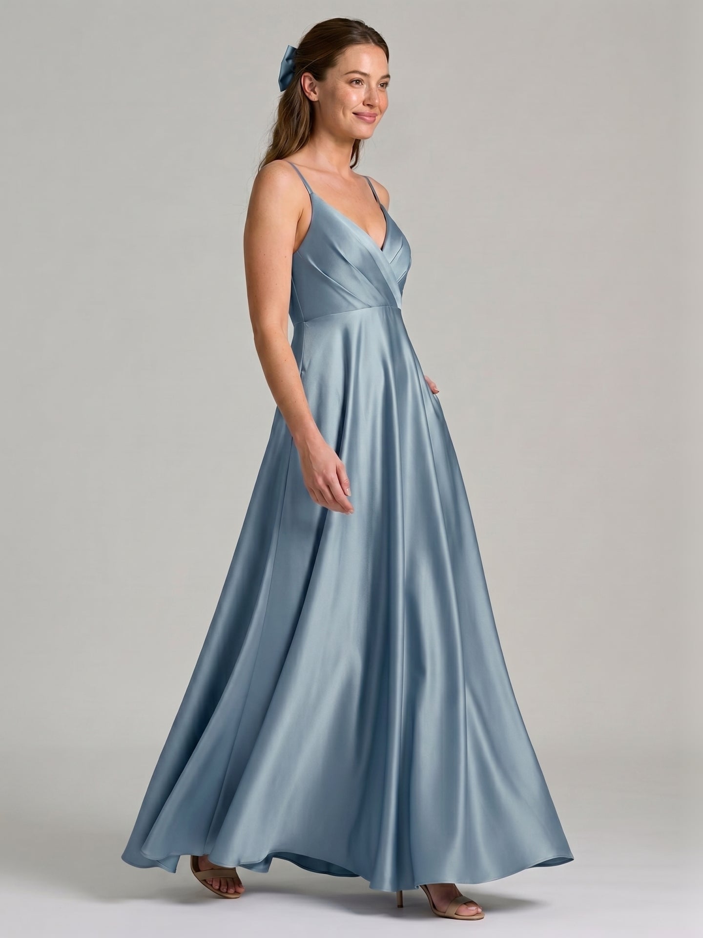 Elegant Dusty Blue Satin A-Line V-Neck Back Zip with Pleated Ankle-Length Bridesmaid Dress