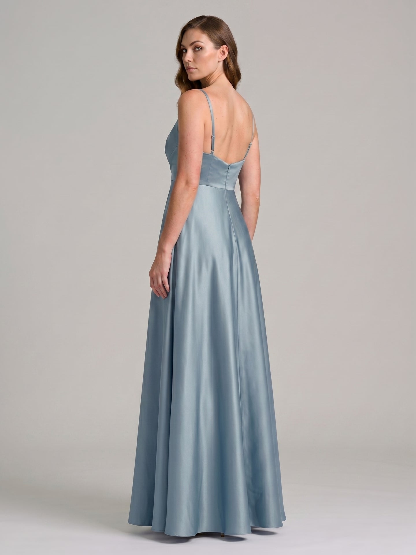 Elegant Dusty Blue Satin A-Line V-Neck Back Zip with Pleated Ankle-Length Bridesmaid Dress