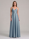 Elegant Dusty Blue Satin A-Line V-Neck Back Zip with Pleated Ankle-Length Bridesmaid Dress