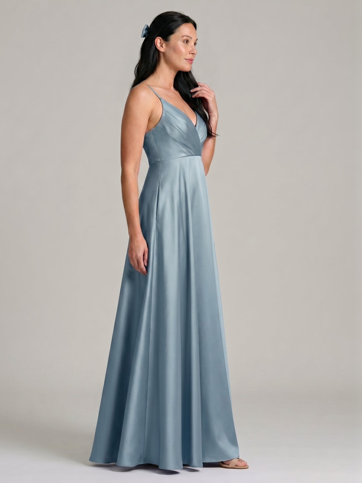 Elegant Dusty Blue Satin A-Line V-Neck Back Zip with Pleated Ankle-Length Bridesmaid Dress