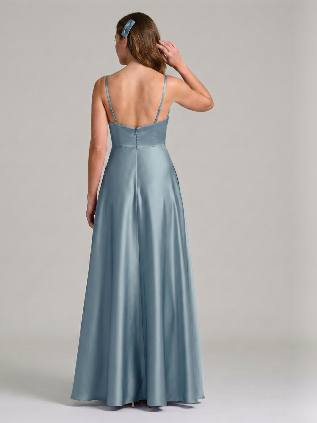 Elegant Dusty Blue Satin A-Line V-Neck Back Zip with Pleated Ankle-Length Bridesmaid Dress