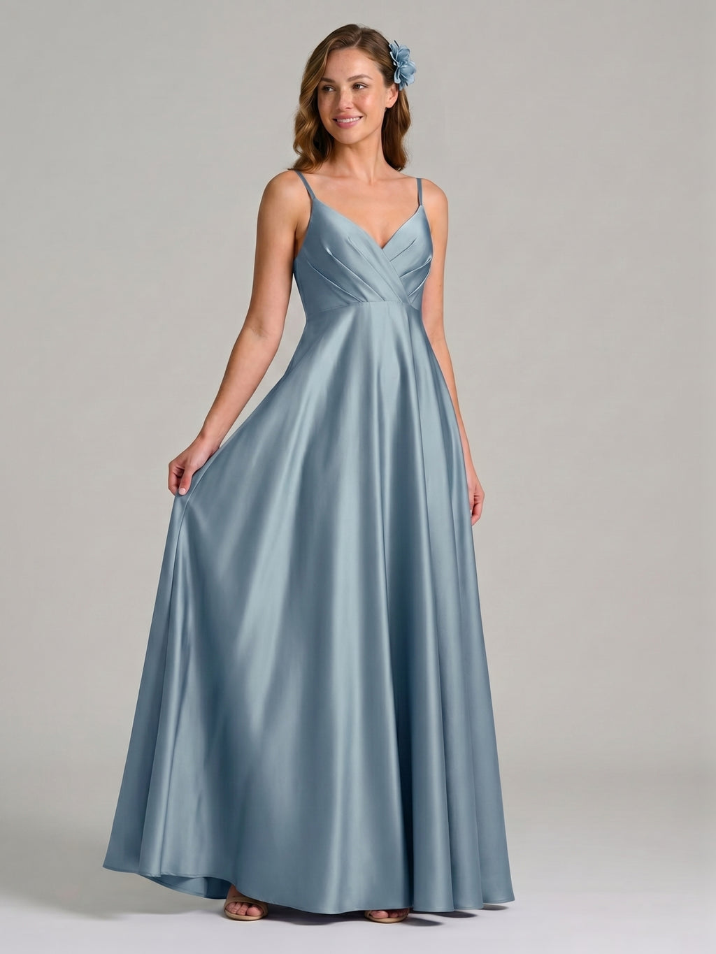 Elegant Dusty Blue Satin A-Line V-Neck Back Zip with Pleated Ankle-Length Bridesmaid Dress