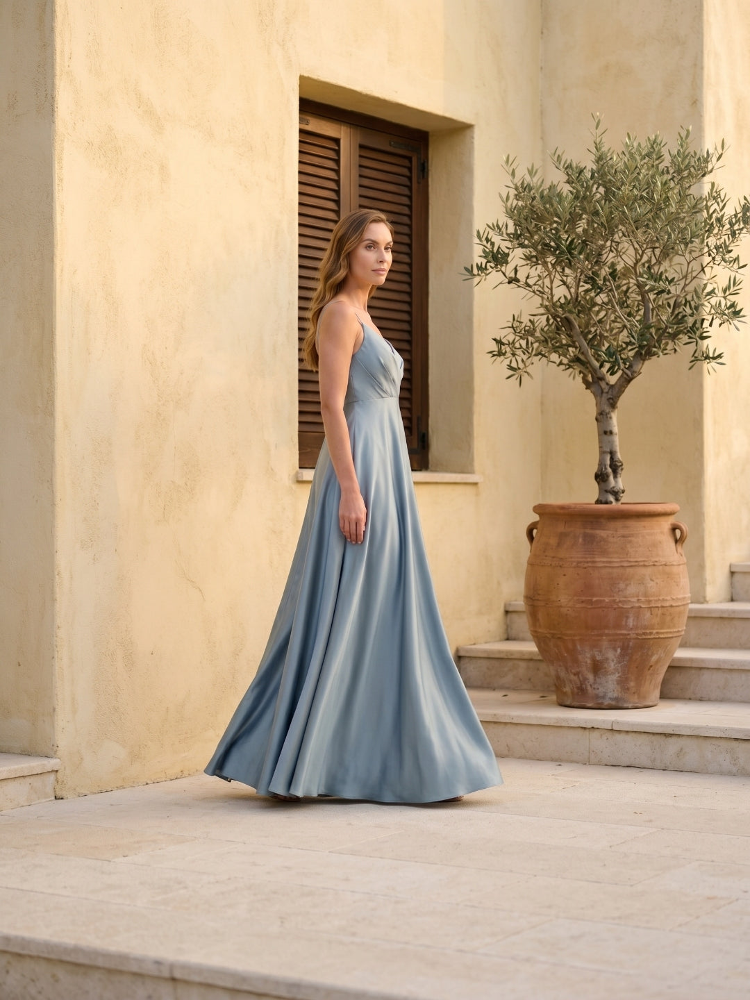 Elegant Dusty Blue Satin A-Line V-Neck Back Zip with Pleated Ankle-Length Bridesmaid Dress