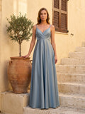 Elegant Dusty Blue Satin A-Line V-Neck Back Zip with Pleated Ankle-Length Bridesmaid Dress