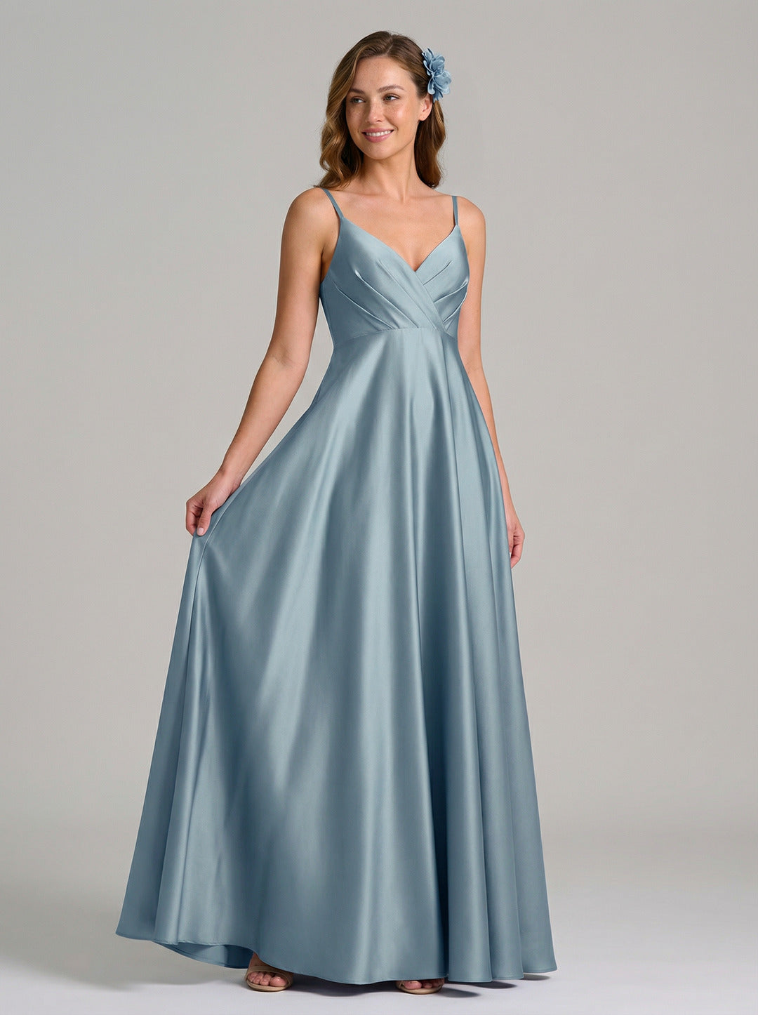Elegant Dusty Blue Satin A-Line V-Neck Back Zip with Pleated Ankle-Length Bridesmaid Dress