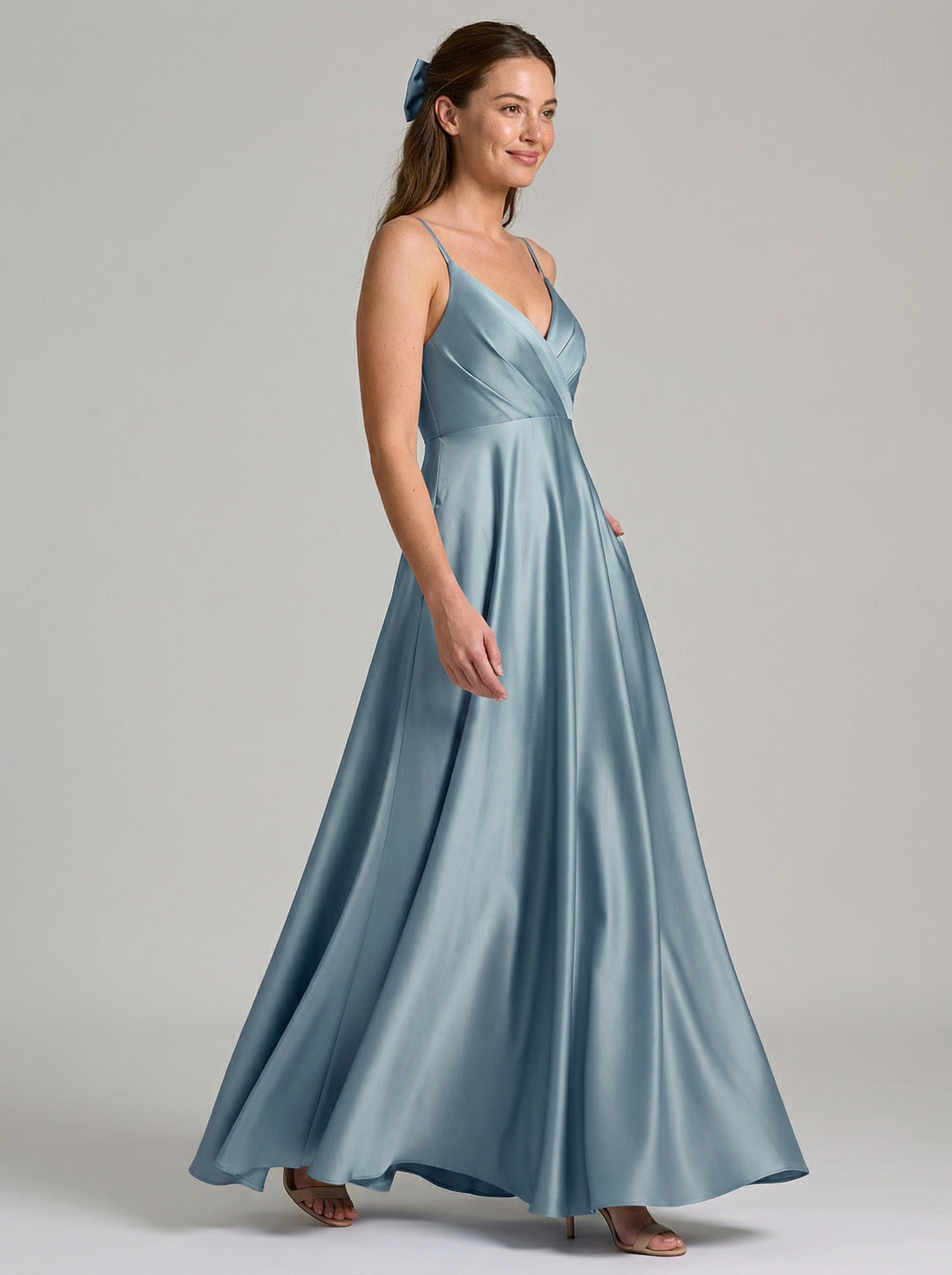 Elegant Dusty Blue Satin A-Line V-Neck Back Zip with Pleated Ankle-Length Bridesmaid Dress
