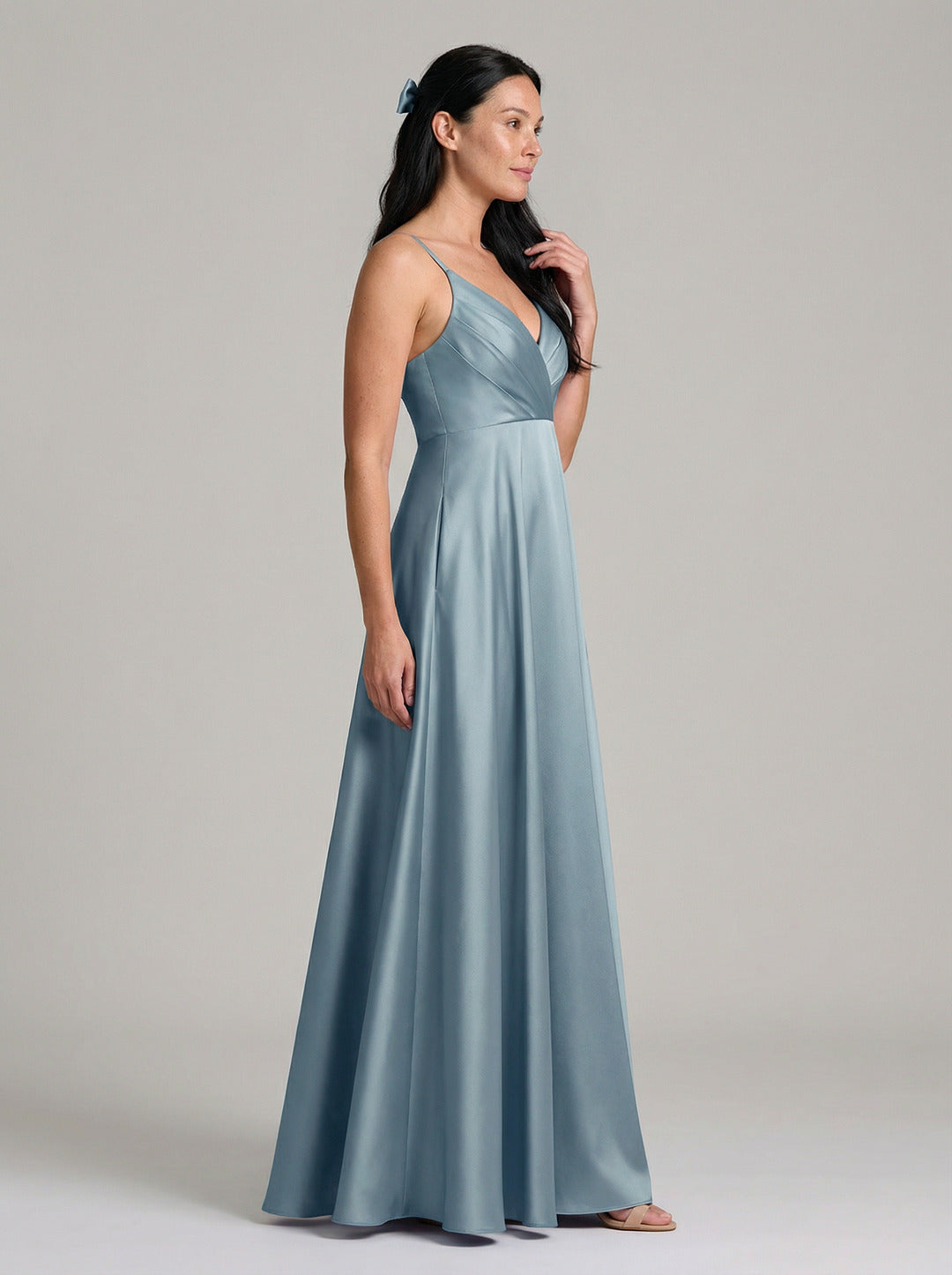 Elegant Dusty Blue Satin A-Line V-Neck Back Zip with Pleated Ankle-Length Bridesmaid Dress