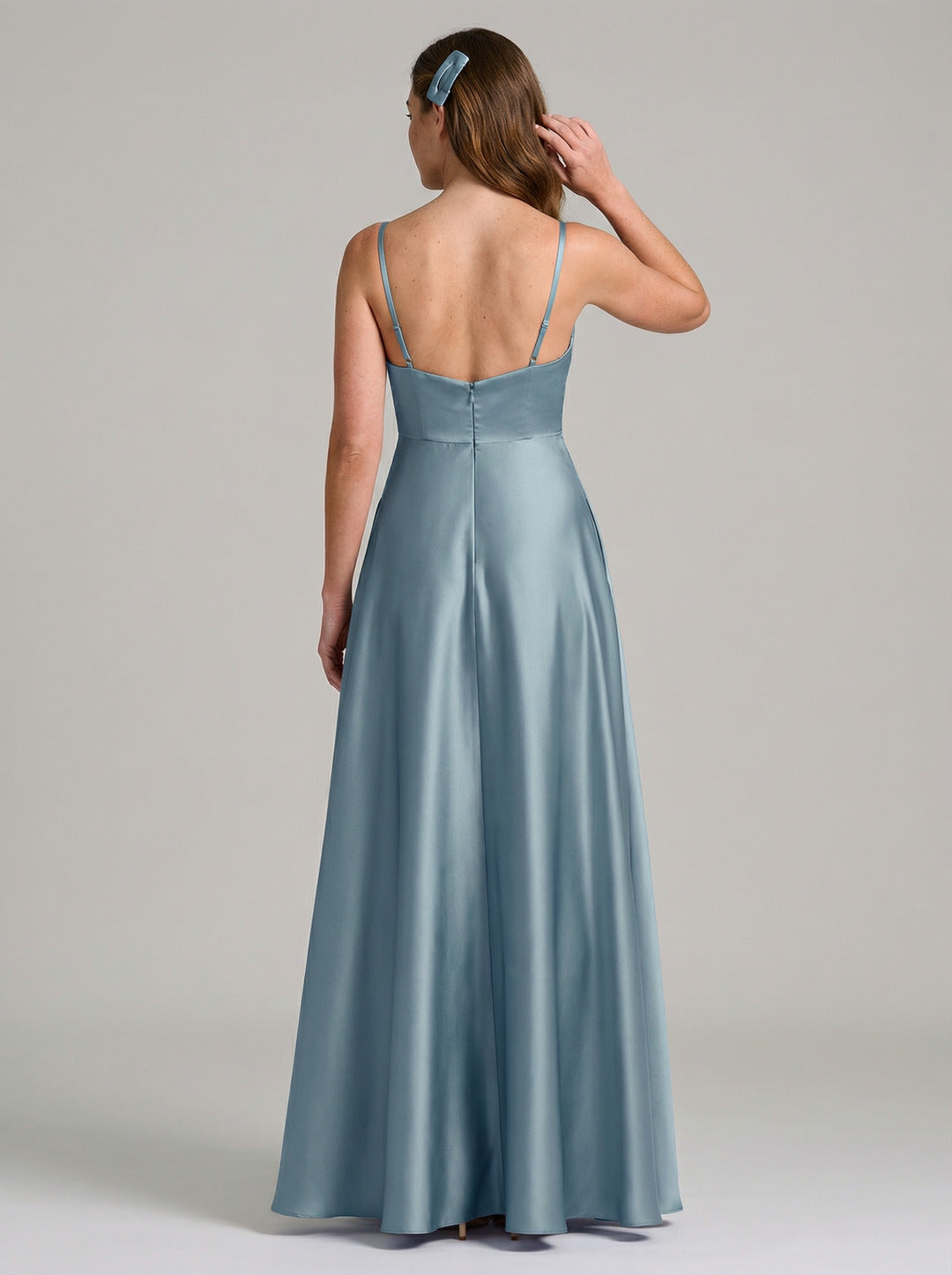 Elegant Dusty Blue Satin A-Line V-Neck Back Zip with Pleated Ankle-Length Bridesmaid Dress