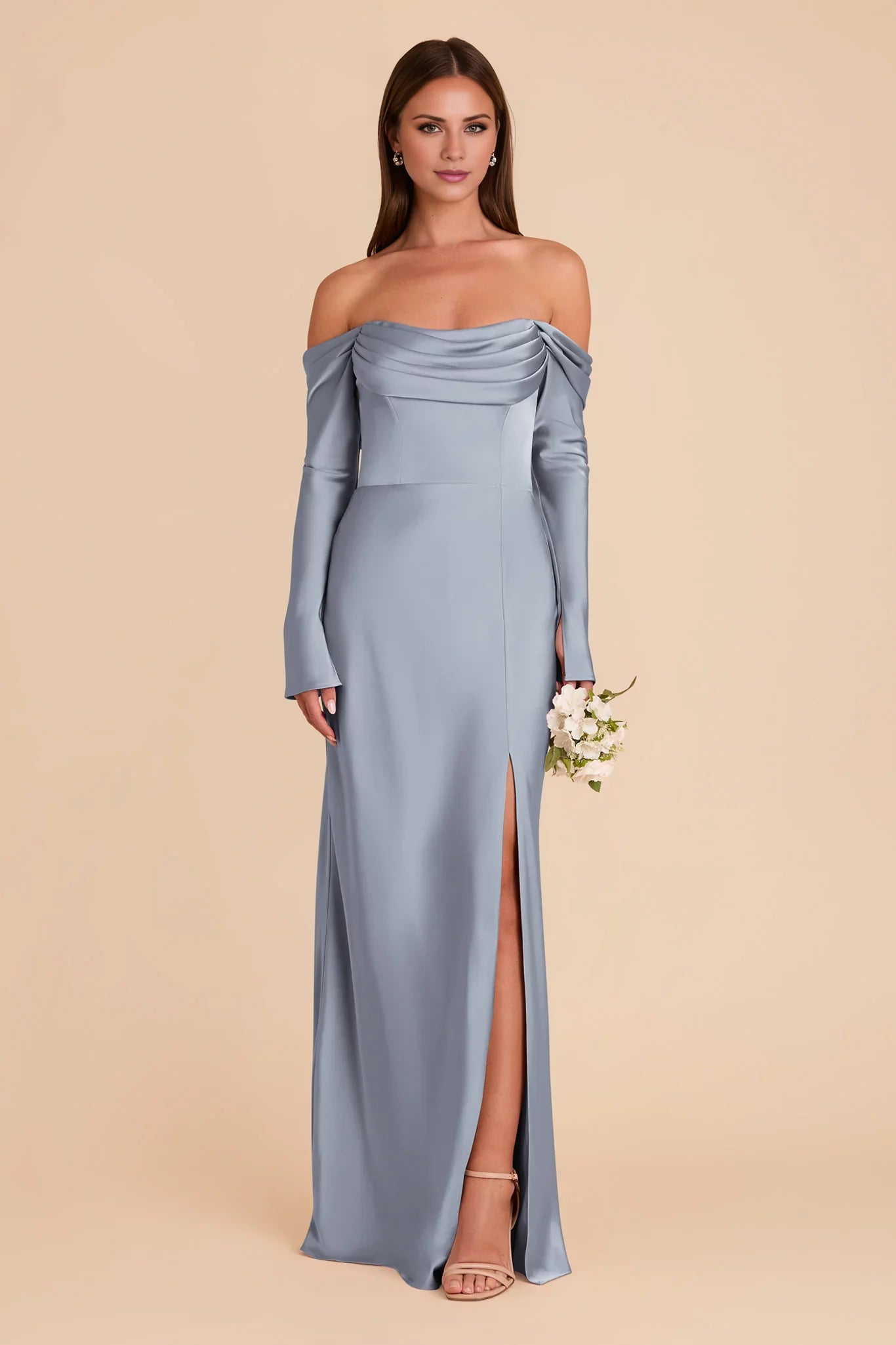 Elegant Dusty Blue Satin Off-the-Shoulder Long-Sleeve Maxi Bridesmaid Dress with Ruched Bodice & High Side Slit