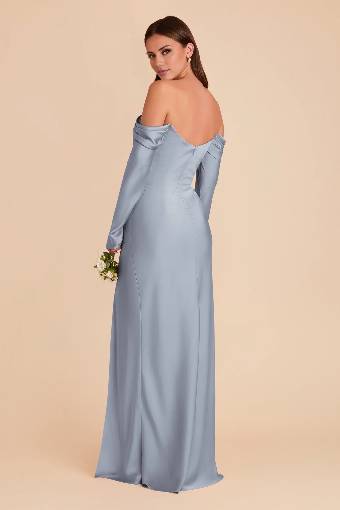 Elegant Dusty Blue Satin Off-the-Shoulder Long-Sleeve Maxi Bridesmaid Dress with Ruched Bodice & High Side Slit