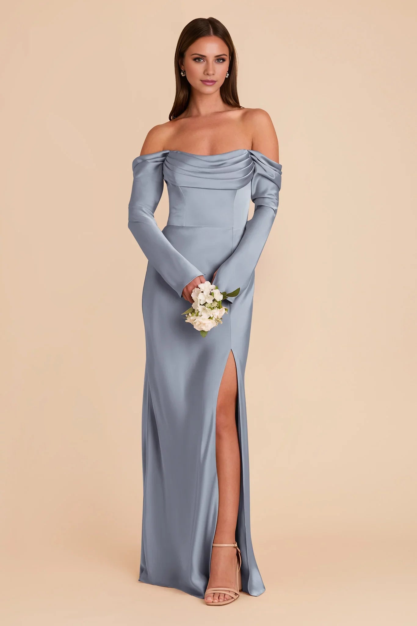 Elegant Dusty Blue Satin Off-the-Shoulder Long-Sleeve Maxi Bridesmaid Dress with Ruched Bodice & High Side Slit