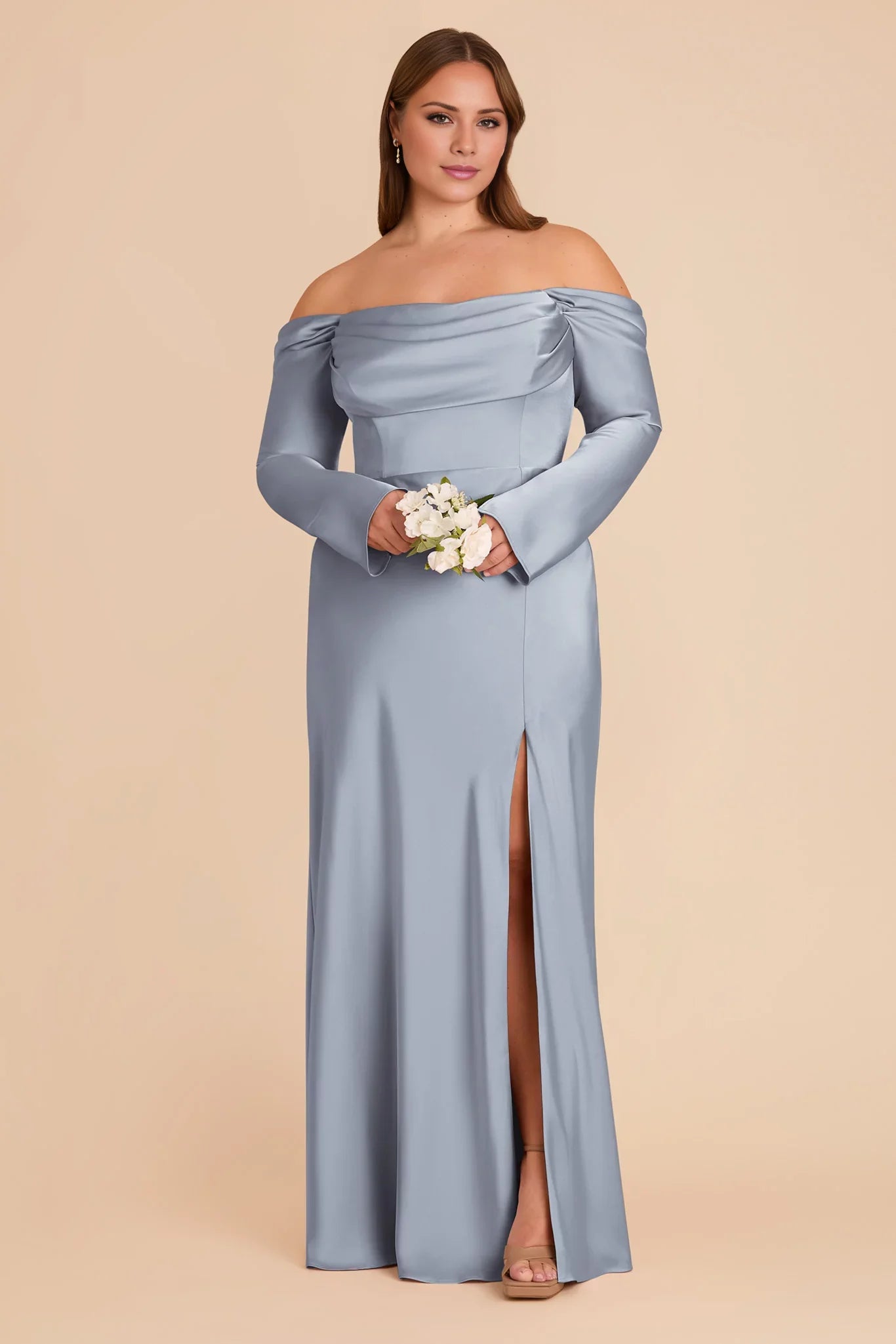 Elegant Dusty Blue Satin Off-the-Shoulder Long-Sleeve Maxi Bridesmaid Dress with Ruched Bodice & High Side Slit