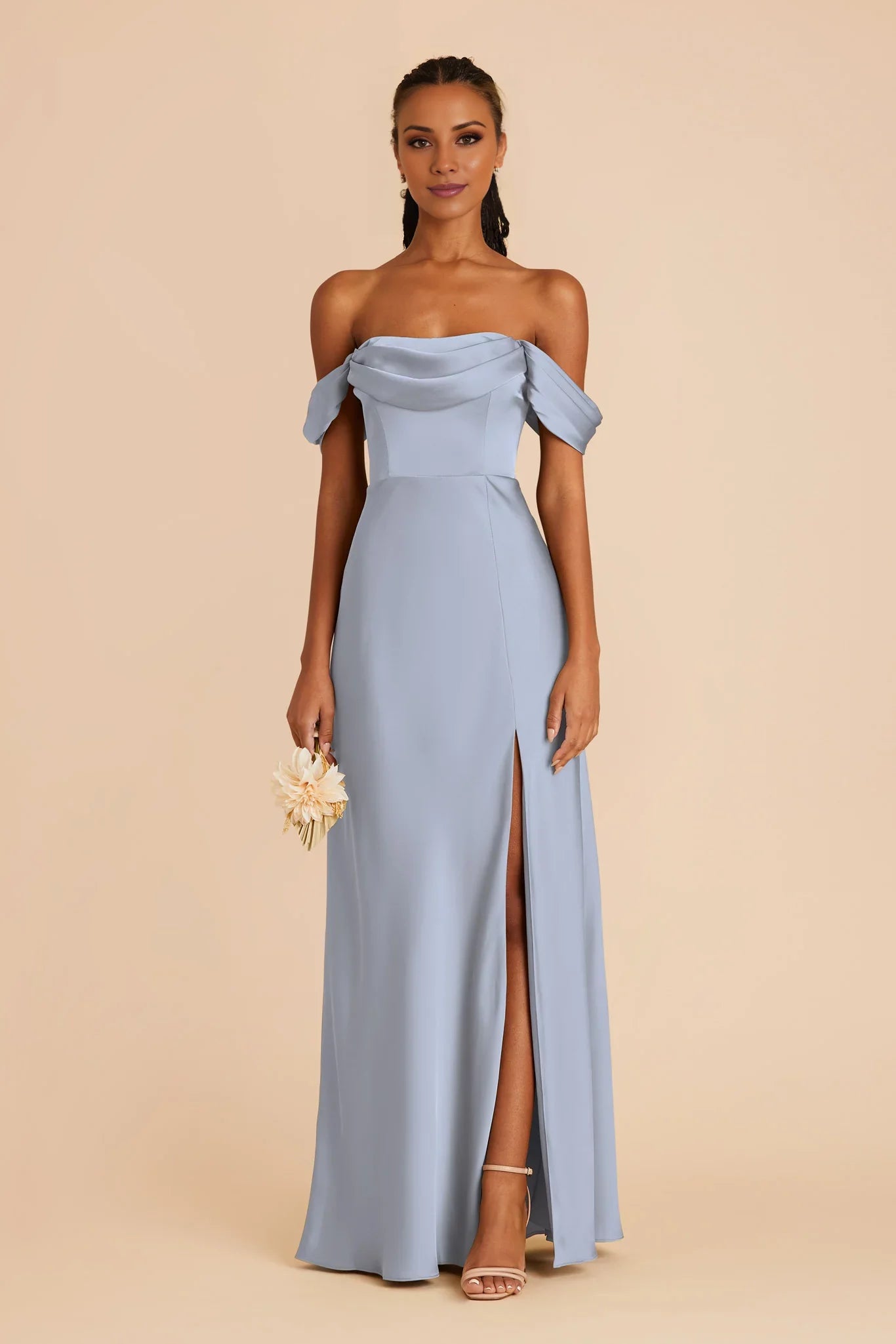 Elegant Dusty Blue Satin Off-the-Shoulder Maxi Bridesmaid Dress with Cowl Neck & High Side Slit