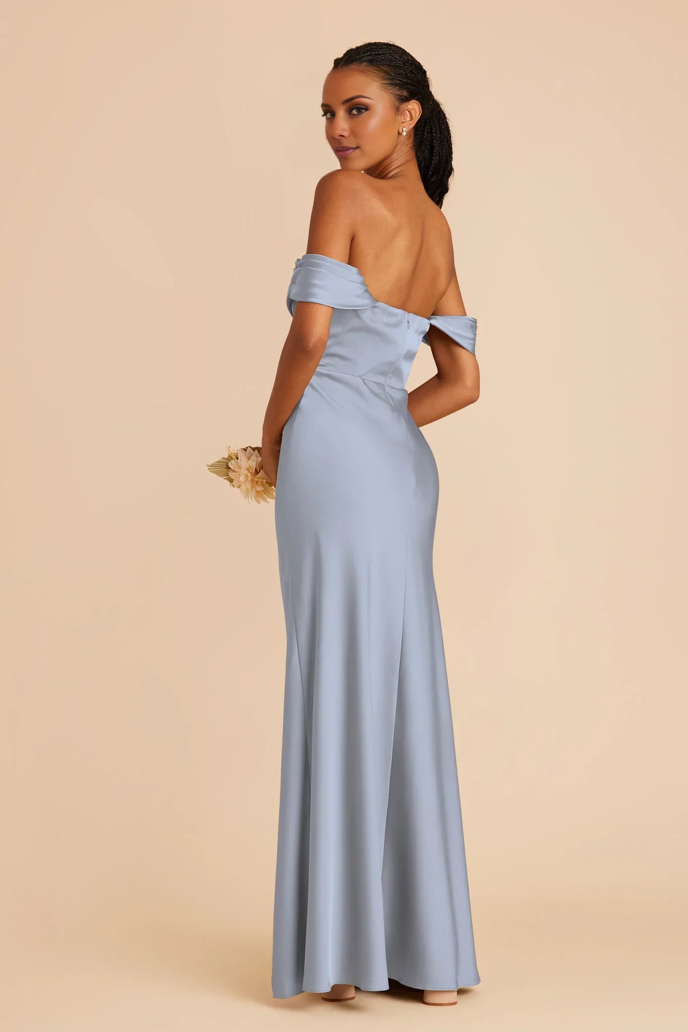 Elegant Dusty Blue Satin Off-the-Shoulder Maxi Bridesmaid Dress with Cowl Neck & High Side Slit