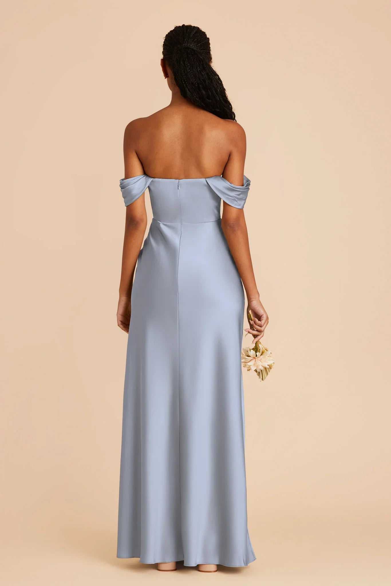 Elegant Dusty Blue Satin Off-the-Shoulder Maxi Bridesmaid Dress with Cowl Neck & High Side Slit