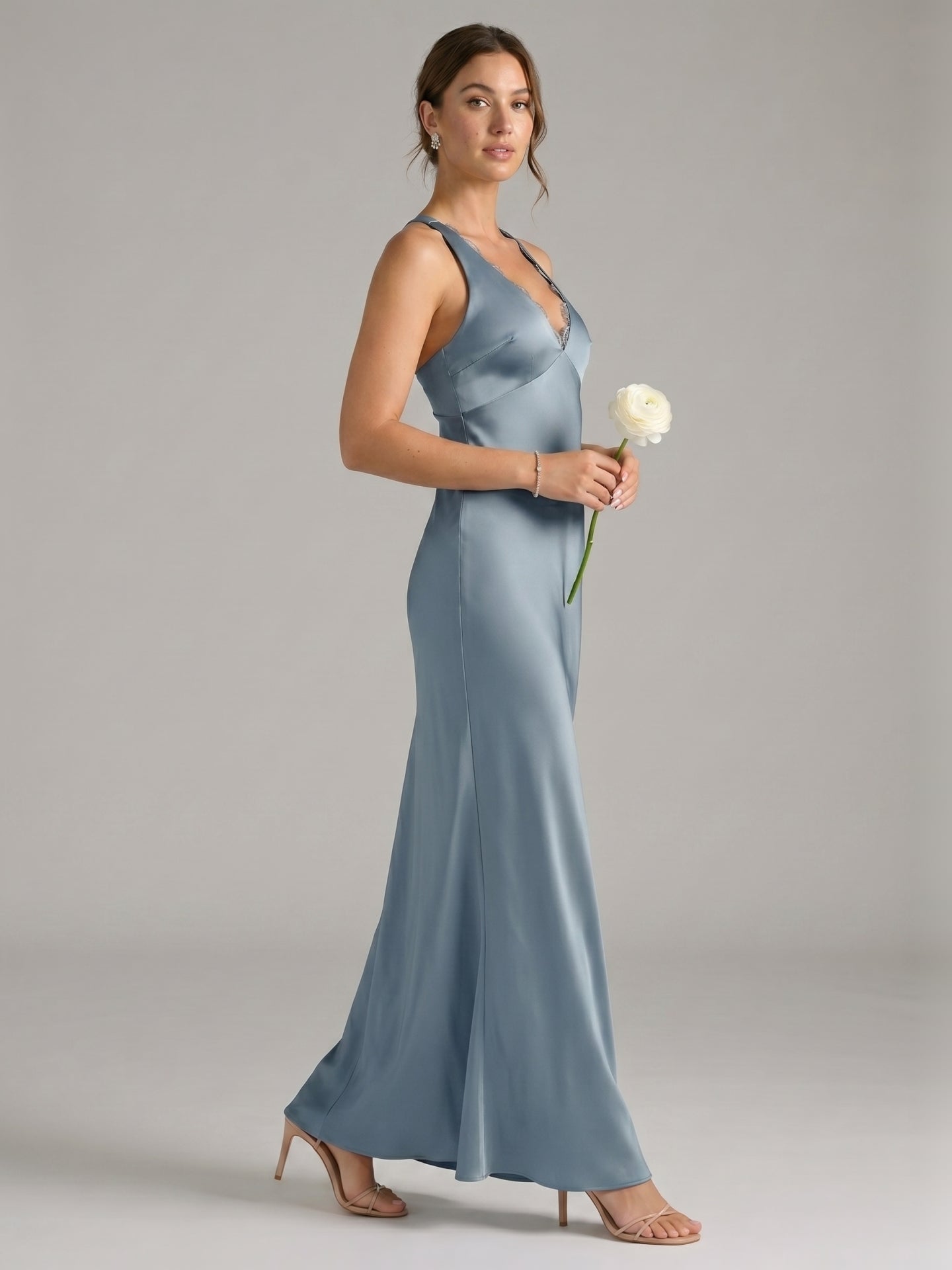 Elegant Dusty Blue Satin Sheath V-Neck V-Back Ankle-Length Bridesmaid Dress