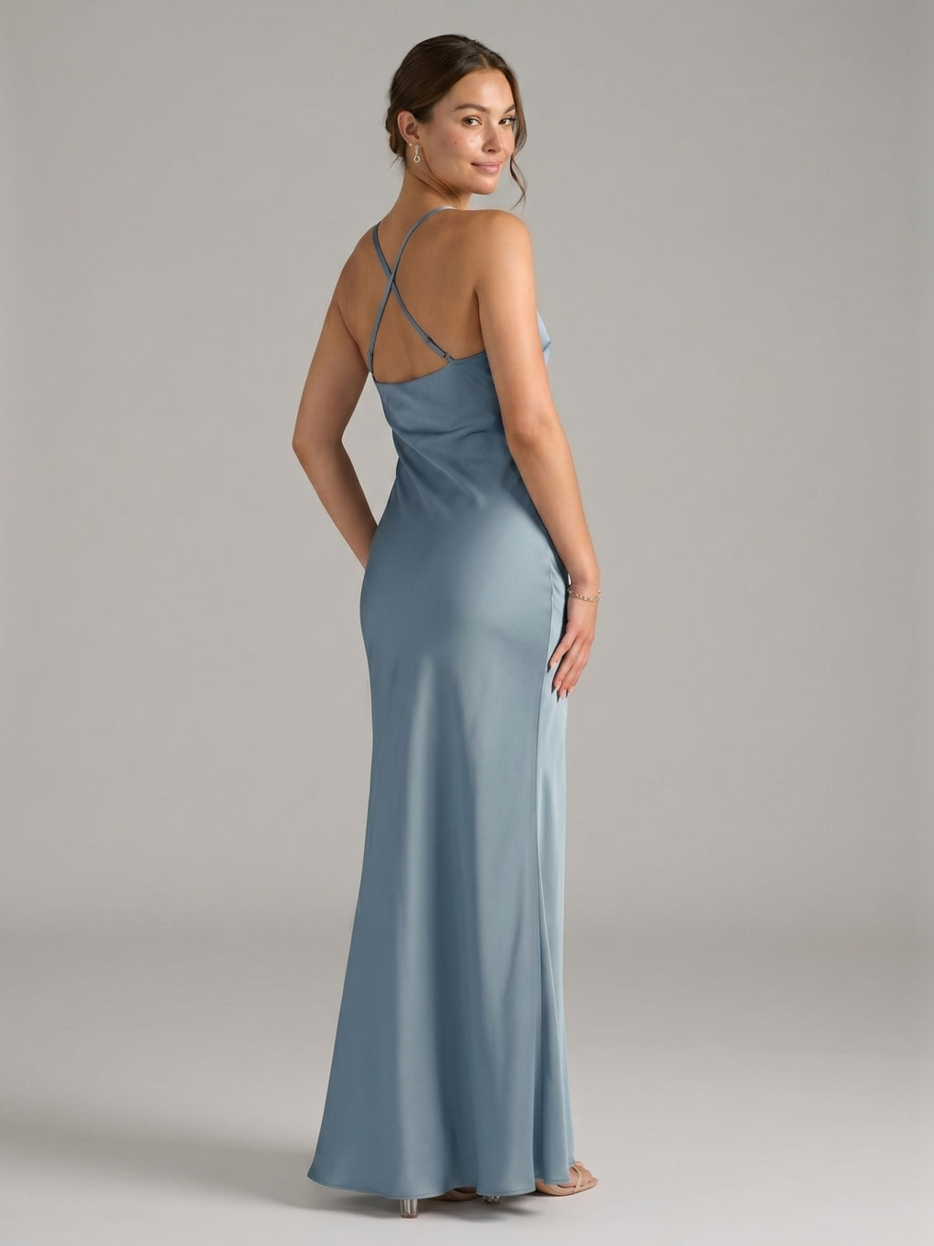 Elegant Dusty Blue Satin Sheath V-Neck V-Back Ankle-Length Bridesmaid Dress