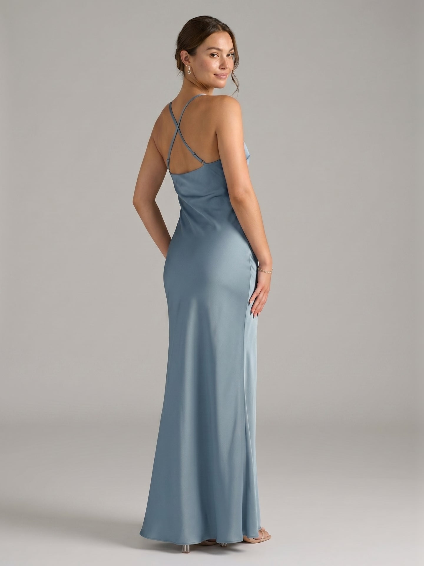 Elegant Dusty Blue Satin Sheath V-Neck V-Back Ankle-Length Bridesmaid Dress