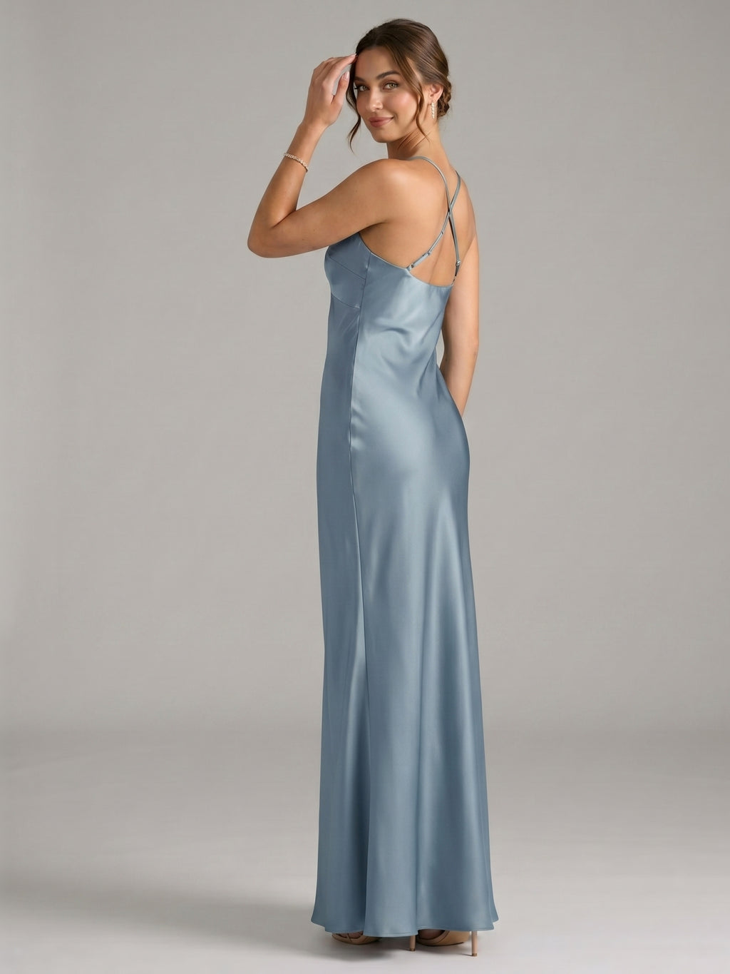 Elegant Dusty Blue Satin Sheath V-Neck V-Back Ankle-Length Bridesmaid Dress