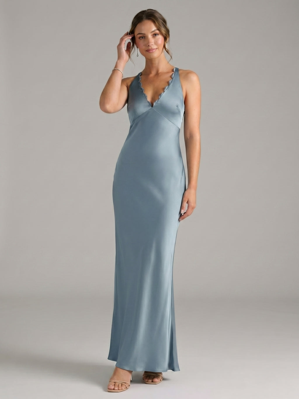 Elegant Dusty Blue Satin Sheath V-Neck V-Back Ankle-Length Bridesmaid Dress