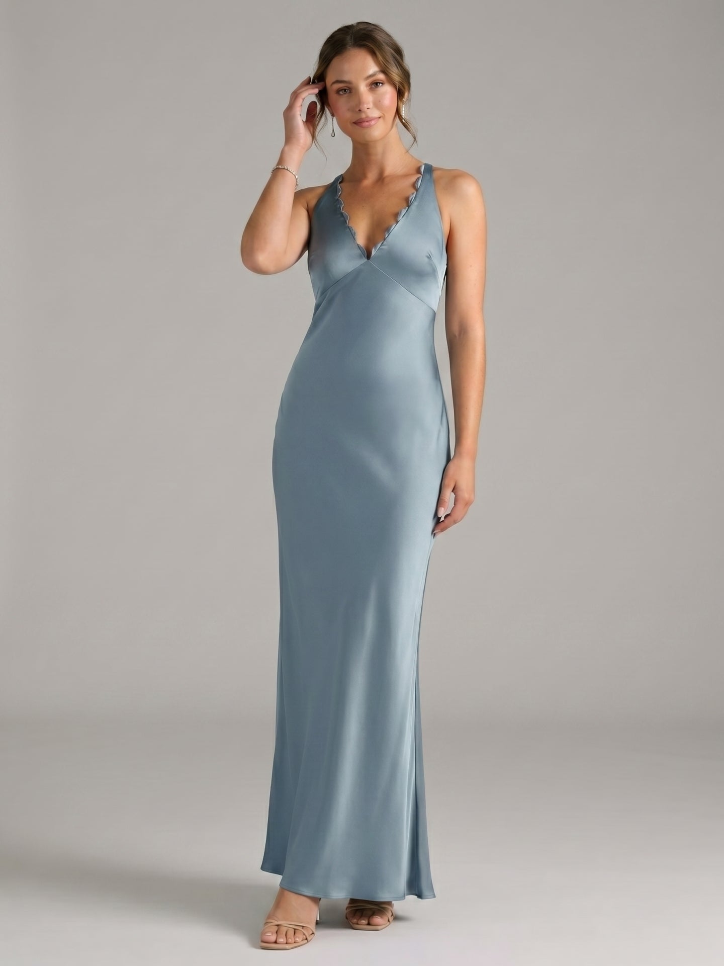 Elegant Dusty Blue Satin Sheath V-Neck V-Back Ankle-Length Bridesmaid Dress