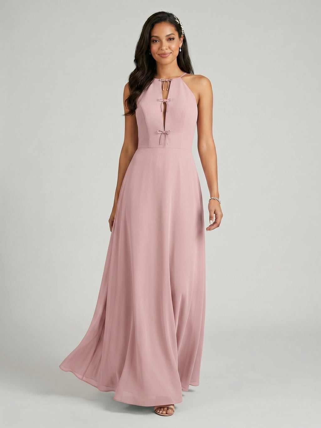 Elegant Dusty Rose Chiffon A-Line Halter neckline Ankle-Length Bridesmaid Dress with Minimalist Design