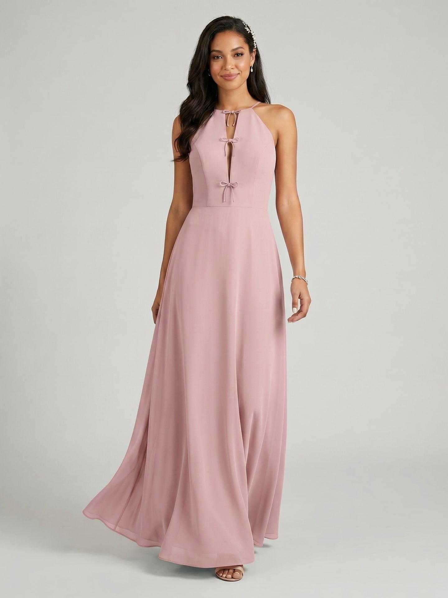 Elegant Dusty Rose Chiffon A-Line Halter neckline Ankle-Length Bridesmaid Dress with Minimalist Design