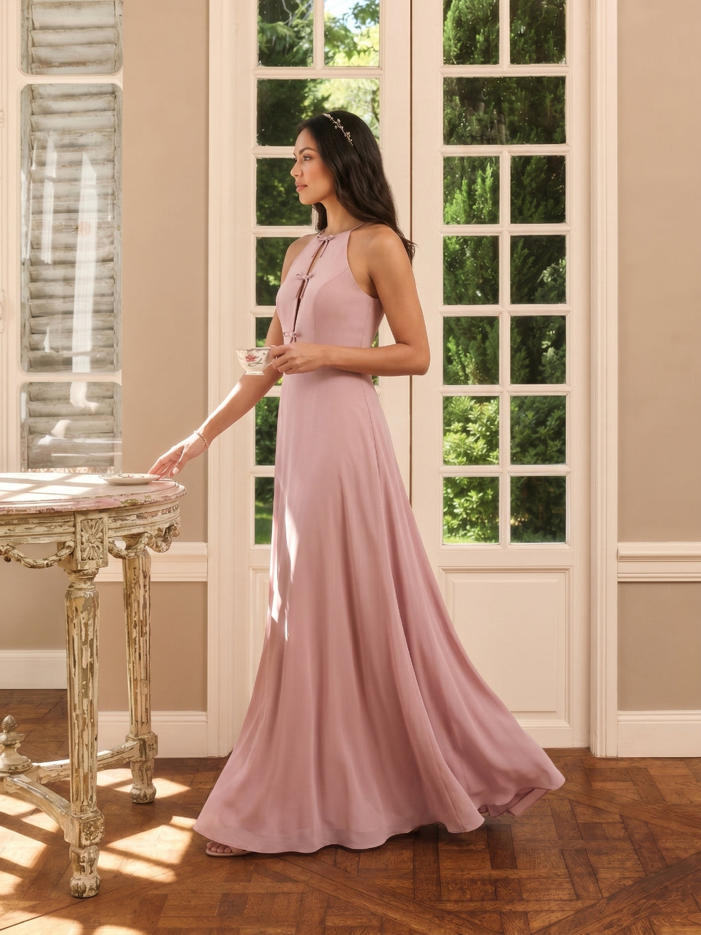 Elegant Dusty Rose Chiffon A-Line Halter neckline Ankle-Length Bridesmaid Dress with Minimalist Design