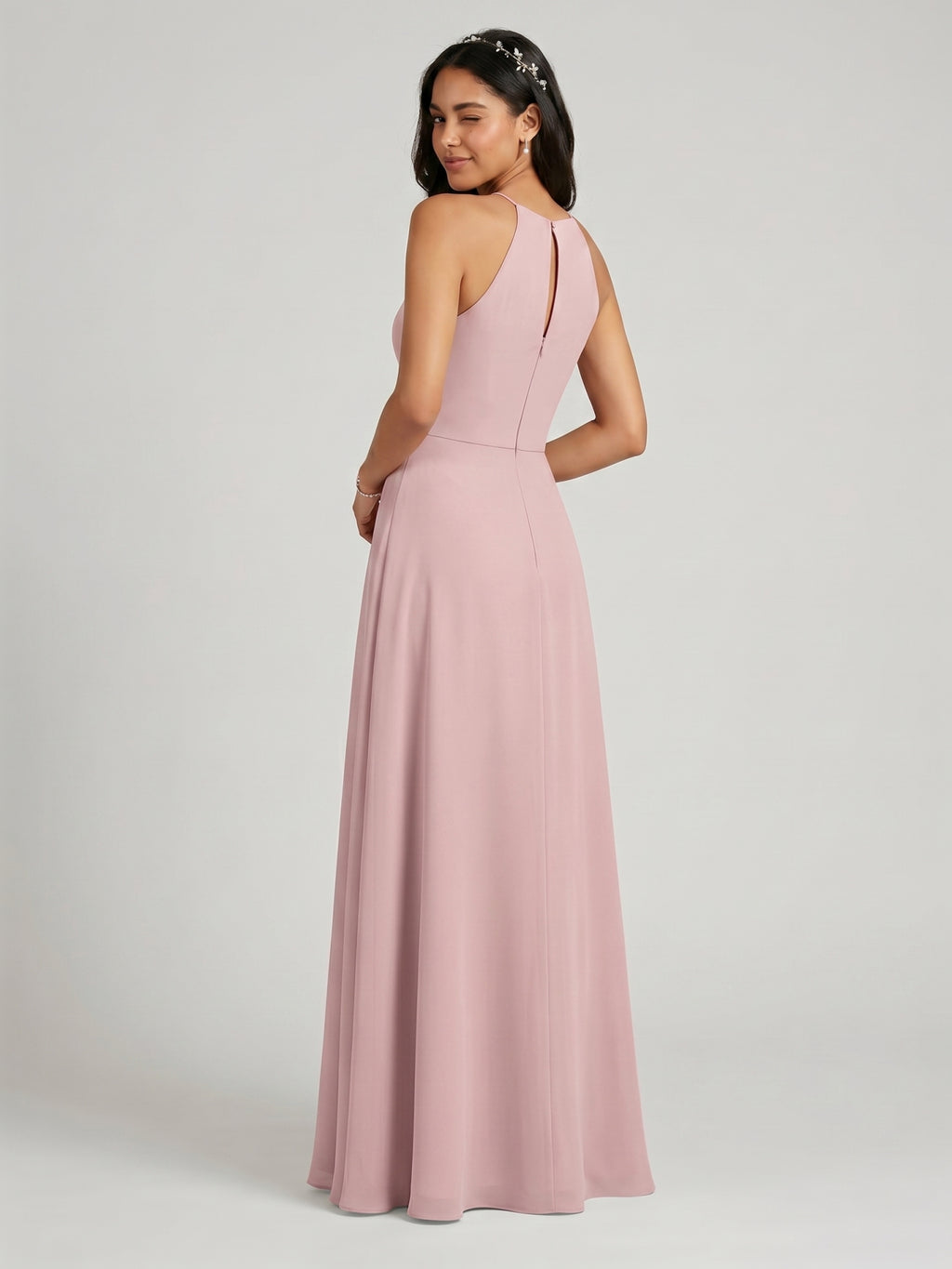 Elegant Dusty Rose Chiffon A-Line Halter neckline Ankle-Length Bridesmaid Dress with Minimalist Design